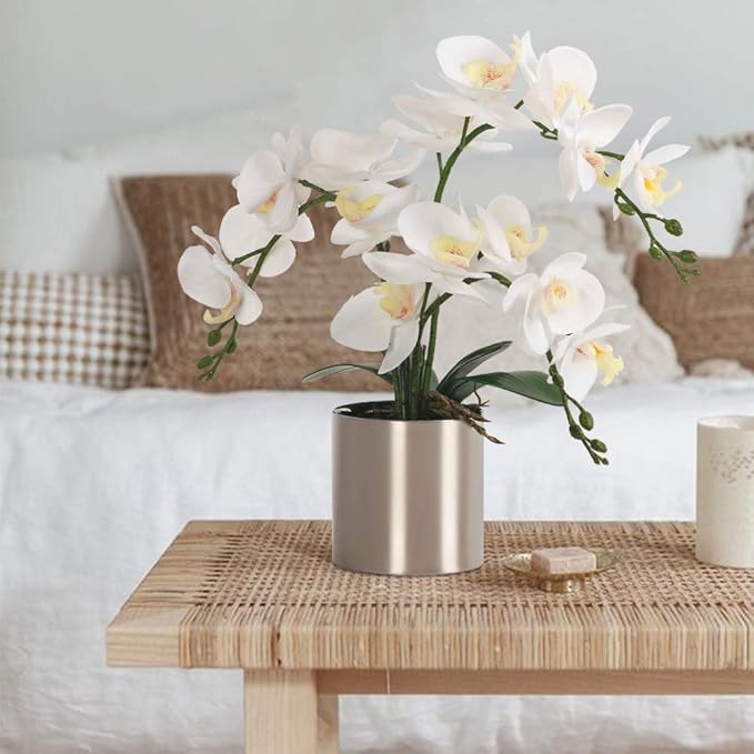 LESING Potted Artificial Orchid Flowers,Real Touch White Fake Artificial Orchid Flower in Silver Vase Arrangement for Table Living Room Decoration (White,Silver Vase)