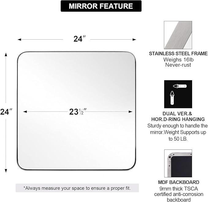 ANDY STAR Square Brushed Nickel Mirror for Bathroom, 24”x24” Silver Metal Frame Wall Mirror, Rounded Corner Stainless Steel Hangs Horizontal Or Vertical