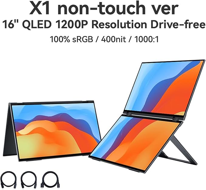 EHOMEWEI X1 Portable Foldable 2K Dual Monitor, 16"*2 Laptop Expansion Screens 60Hz 1920 * 1200 sRGB, 100DCI-P3 HDR for Working/Gaming/Travel, Phone/Switch/Windows MacOS