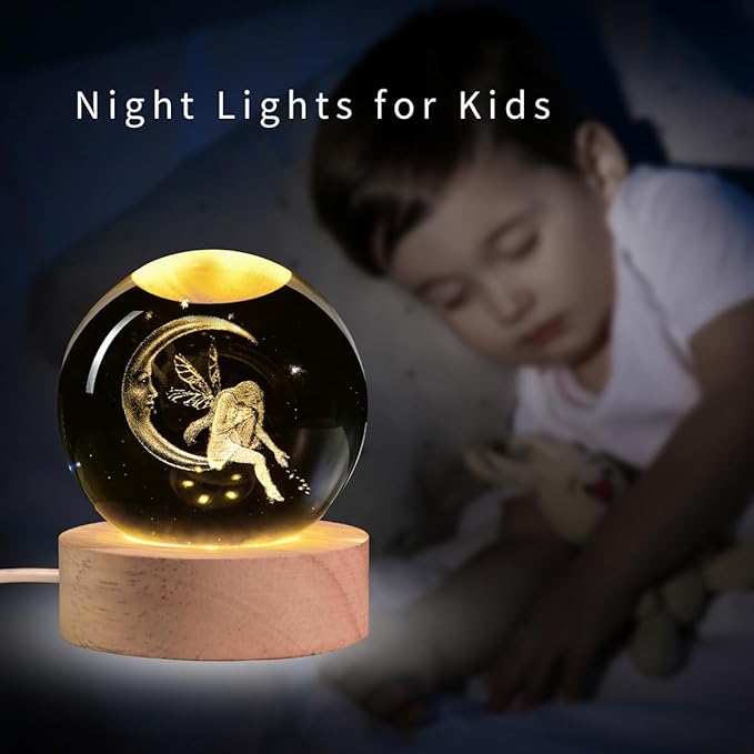 3D Fairy Crystal Ball with LED Stand, Fairies Figurines Lamp Night Light, Fairy Moon Decor Glass Sphere Balls Gifts for Women Girls Mom Kids(60mm)