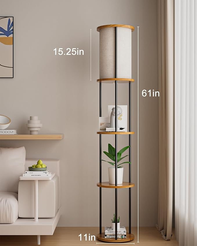 Lightdot 61" Floor Lamp with Shelves, Modern Black Standing Lamp with Fabric Shade and 3- Tier Solid Wood Table Attached, Corner Bookshelf Lamps with Bulb Included for Sofa Beside/Corner Decor