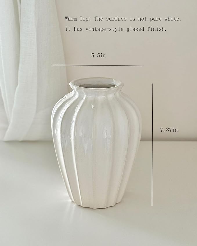 White Ceramic Vase, 7.87 Inch Flower Vase for Bouquet, Minimalist Modern Home Decor for Centerpieces, Cabinet, Living Room, Table, Bathroom