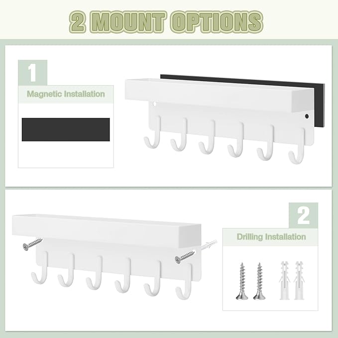 VIS'V Magnetic Key Holder Wall Mount, Compact Metal Key Rack with Tray, 6 Hooks, 2 Mount Options, White