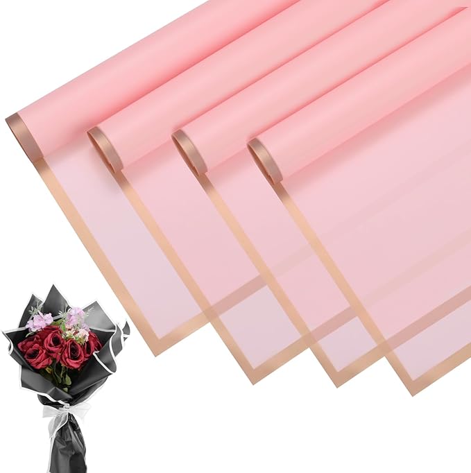 M METERXITY 20 Sheets Flower Wrapping Paper Bouquet, 23 Inch Rose Pink Gold Edge BOPP Waterproof Floral Wrapping Paper Flower Packaging DIY for Wedding/Party/Birthday/Gift Bouquet Wrap Paper