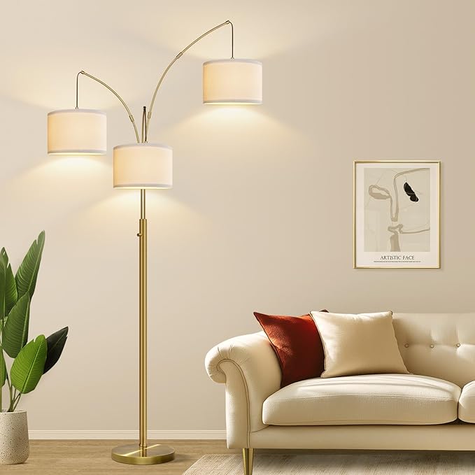 Dimmable Floor Lamp, 3 Light Brass Arc Floor Lamp, Modern Tall Standing Tree Lamp with White Linen Shades & Heavy Base, 3000LM LED Bulbs, Bright Lighting for Living Room, Bedroom, Office & Reading