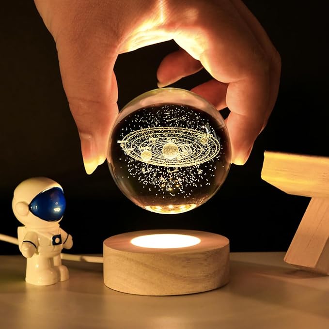 Solar System 3D Crystal Ball with LED Stand, 60mm Galaxy Model Decor Glass Sphere Lamp Night Light, Space Universe Astronomy Gifts for Women Men Mom Kids