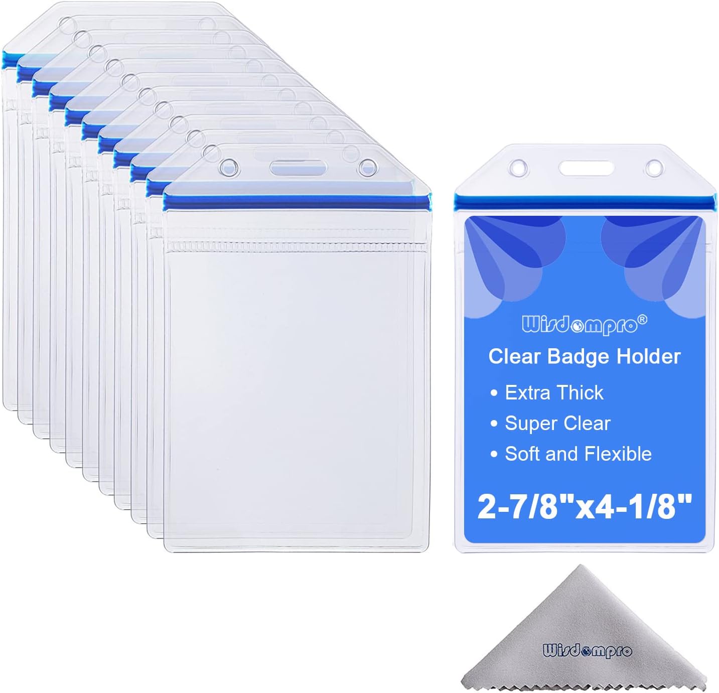 Wisdompro Vertical Extra Thick Clear ID Badge Holders - 10 Pack with Resealable Zip | Blue Zip (4-1/8" x 2-7/8")