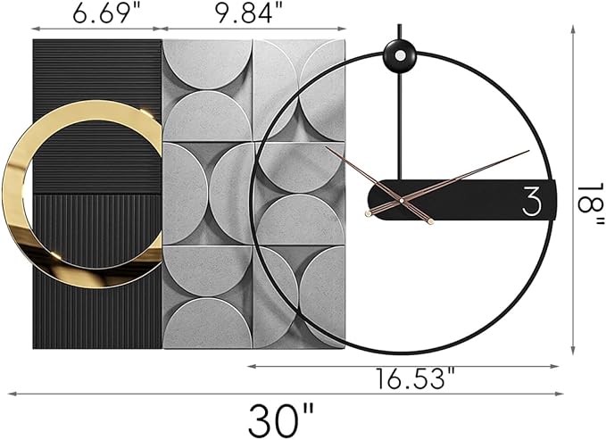 Modern oversized Wall Decor Clock, Large Geometric Decorative Wall Clock with 3D Textured Panels, Silent Non-Ticking Quartz, Black Gold & Grey Wall Art for Living Room Dining Room Office, 41×23.6"