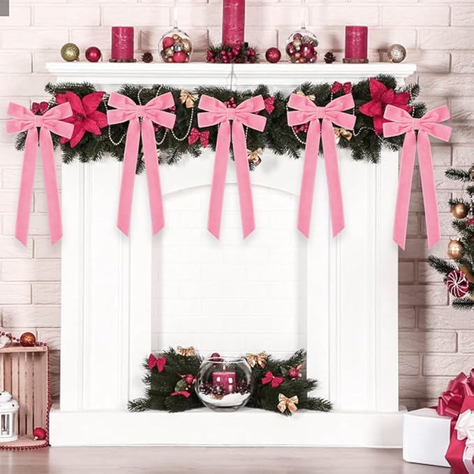JOICEE 15Pcs Pink Velvet Bows, 5in x 12in Christmas Tree Wreath Bows Rustic Crafts Gift Ribbon Bows for Christmas Decorations Indoor Outdoor Birthday Party Wedding Holiday Decor
