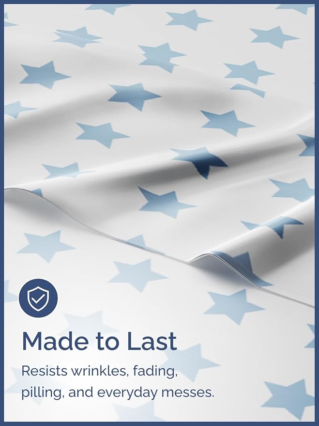 Blue Stars Full 4 Piece Sheet Set for Kids - Boys, Girls, Teens, Toddler - Easy Fit Deep Pocket - Machine Washable, Wrinkle Free - Cute, Cozy, Soft Star Sheets