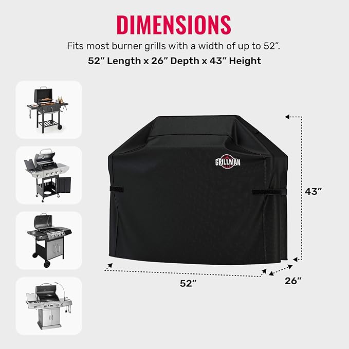 Grillman Grill Cover, BBQ Outdoor Grill Covers, Charcoal, Gas Grills, Waterproof, Rip-Proof, Weather-Resistant, Anti-UV, Barbecue Cover for Weber, Genesis, Charbroil, Nexgrill, etc (Black, 52 Inch)
