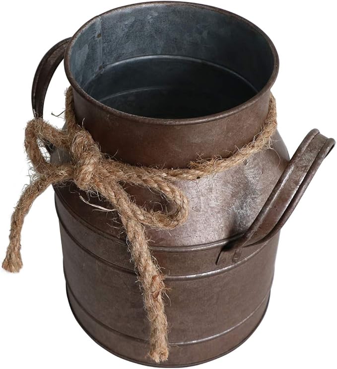 HyFanStr Shabby Chic Metal Flower Vase Rust Painted Decor Milk Can Bucket Country Primitive Jug Farmhouse Decoration Small