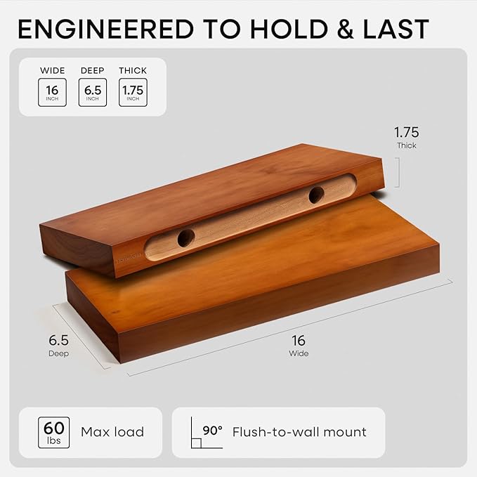 Homeforia 16 inch Oak Floating Shelf, High End Solid Real Wood 16inch Small Floating Shelves for Wall Mounted, Honey Oak Wooden 16in Floating Shelves, Heavy Duty Bracket, 16 X 6.5 X 1.75 in, Set of 2
