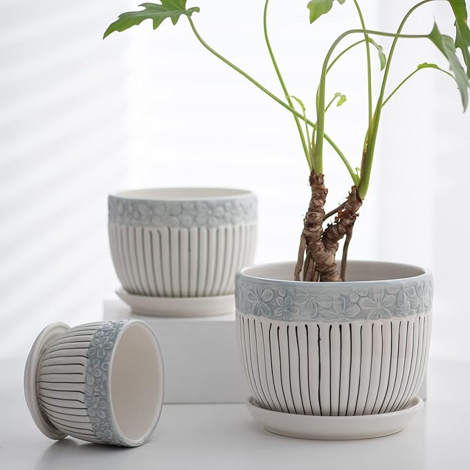 Ton Sin Grey Flower Pots, Texture Planter for Indoor Plants Set of 3 Ceramic Flower Pots with Saucer, Cute Garden Pots Succulent Pots, 6.75/5.6/4.2 Inch, Indoor Outdoor Home Garden Decor