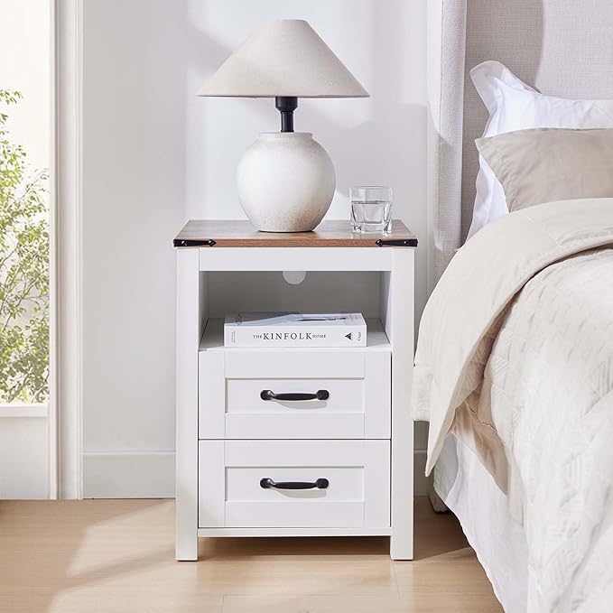 Farmhouse Night Stand Set of 2, Rustic White Nightstand for Bedroom, End Tables Without Charging Station, Bedside Table with Drawers, Wood Bedside Cabinet Dresser