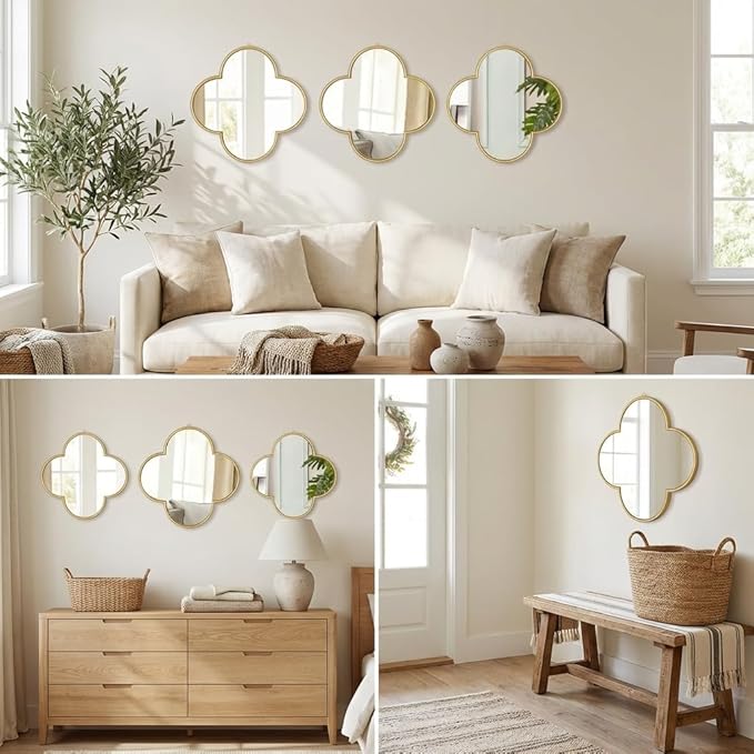 DECANIT Decorative Wall Mirrors Set of 3,Gold Clover Hanging Mirrors with Scalloped Frame for Living Room, Bedroom & Entryway, Accent Wall Decor