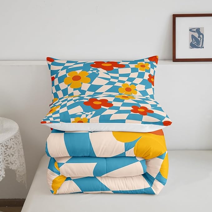Castle Fairy Kids Vintage Groovy Daisy Flowers Bedding Comforters King Size,Abstract Blue Plaid Boys Girls Comforter Set Room Decor,70s Hippie Floral Modern 3pcs Bedding Set Chic Xmas Present