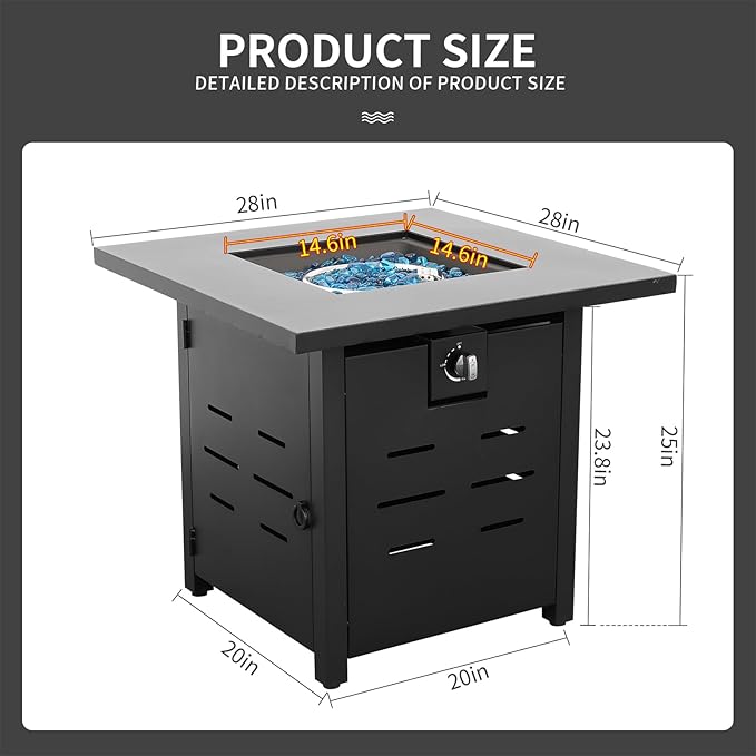 WAROOM Outdoor Propane Fire Pit, 28 Inch Patio Firepit Table with Fire Glass, and Waterproof Cover, for Outside Parties and Gatherings on Patio Garden Backyard Porch