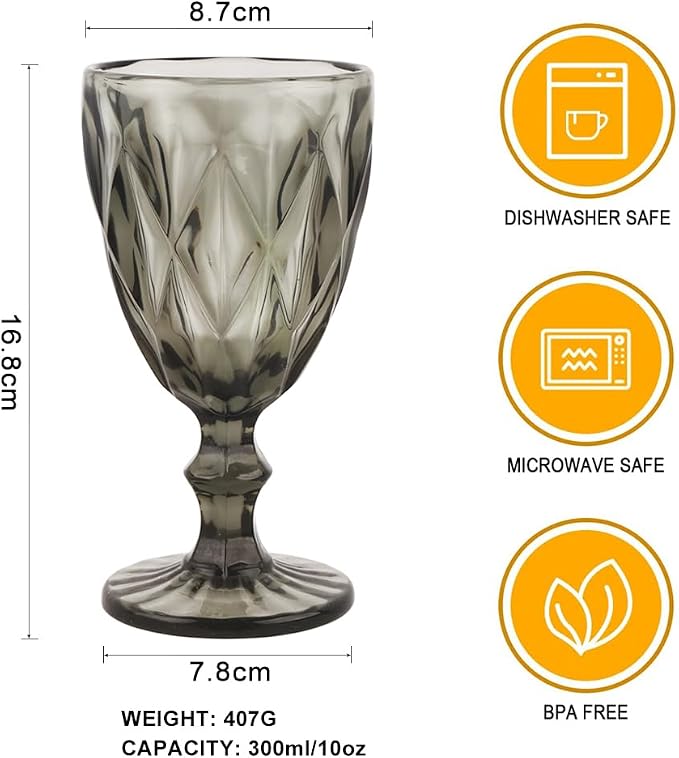 Pure Grey Wine Glasses 6Pcs a Set Solid Colors Glass Goblets Colorful Dishwasher Safe Colored Glassware With An Embossed Vintage Colored Goblets Pattern Like Crystal (Glass, Grey)