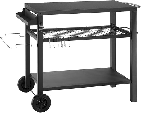 DNKMOR Dining Cart Table with Three Shelf, Movable Outdoor BBQ Grill Pizza Oven Stand with Three Hooks, Kitchen Cart Island Multifunctional Food Prep Table for Inside and Outside (Black)