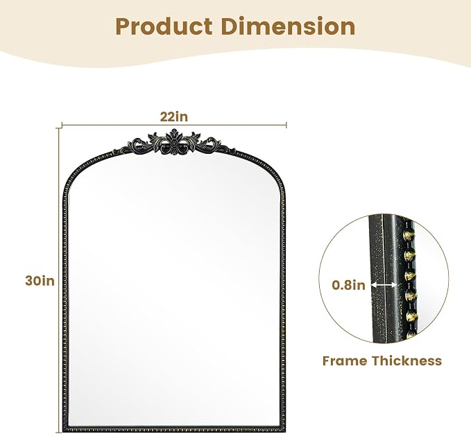 WallBeyond Black Vintage Mirror for Vanity 22x30 Inch, Black Antique Mirror with Ornate Frame, Arched Vintage Wall for Bathroom, Living Room, Fireplace, Entryway