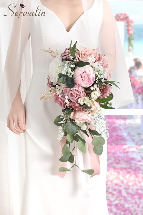 Serwalin 9.8 Inch Wedding Bouquets for Bride Bridesmaid, Dusty Pink Peonies Bridal Bouquets for Bride, Wedding Flowers Bouquet Tossing Bouquet, Wedding Ceremony and Anniversary Day Decor
