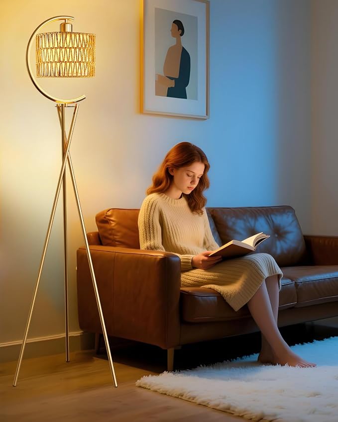 Lightdot Tripod Floor Lamp for Living Room, Gold Standing Lamp with Bulb Included, Boho Farmhouse Tall Lamp for Bedroom, Arced Reading Light with Rattan& Linen Shades for Sofa Beside/Corner Decor