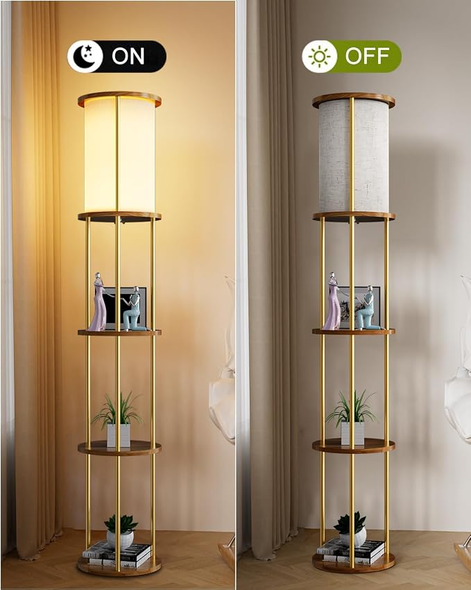 Lightdot 61" Floor Lamp with Shelves, Modern Gold Floor Lamp with Fabric Shade and 3- Tier Solid Wood Table Attached, Corner Bookshelf Lamps with 3000K Bulb Included for Sofa Beside/Corner Decor