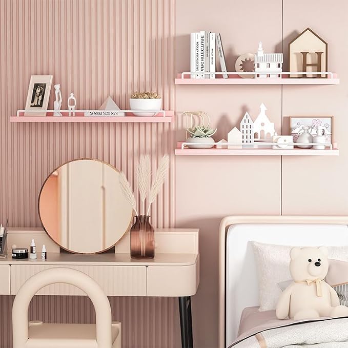RYOFOBETTO 22 inches Long Floating Shelves, Bathroom Decor Shelves Over Toilet, Farmhouse Wall Shelves for Living Room, Bedroom, Picture Frames, Plants, Kitchen, Set of 3 (Pink and White)