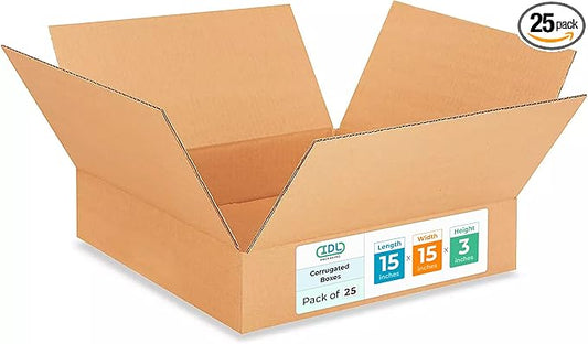 Medium Moving & Shipping Boxes 15"L x 15"W x 3"H (25-Pack) - Extra Strength 200 lb vs Regular - Corrugated Boxes for Packaging - Medium Packing Box - Carton Box by IDL Packaging