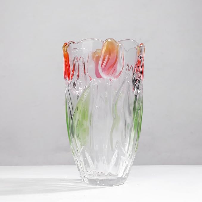 Glass Flowers Vase 9.3 inch Tall, Unique Crystal Vases for Tables Centerpieces, Vintage and Tulip Shape Large Vases Christmas Thanksgiving Gifts. (Green)
