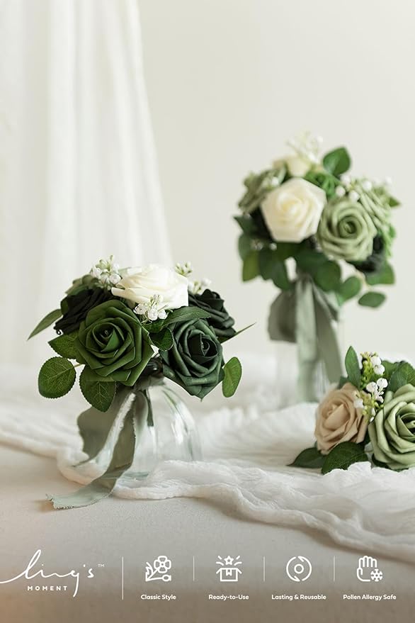 Ling's moment Artificial Flowers, 25Pcs 3" Roses in Sage Shades, Realistic DIY Foam Floral Decor for Wedding Bouquets/Centerpieces, Outdoor Party Backdrops, Room/Table, and Garden/Pot Decorations