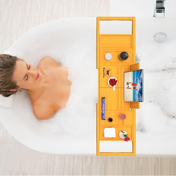 Premium Bathtub Tray Caddy - Bath Tray Bamboo Expandable - Bath Tub Tray Table for Bathtub - Expandable Size, Fits Most Bath Tubs - Natural Bamboo Wood