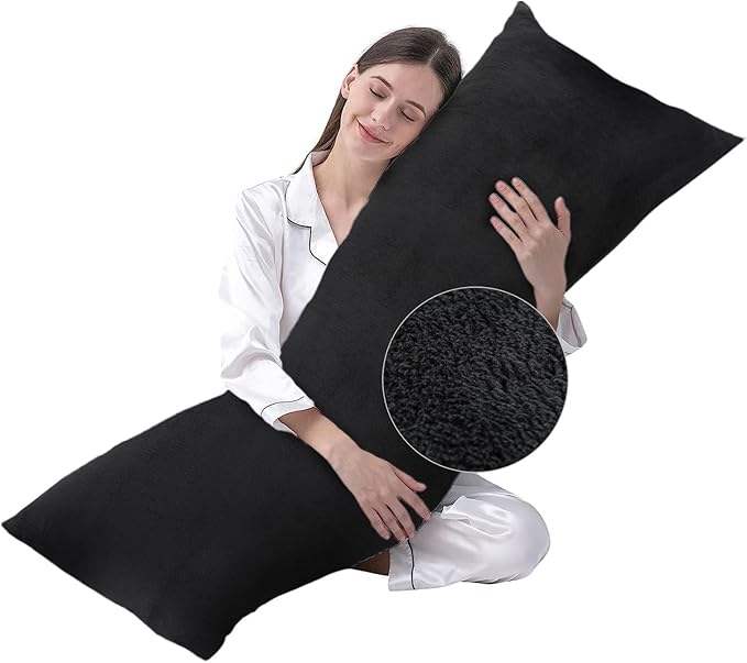 DOWNCOOL Large Body Pillow Insert with Faux Fur Cover - Fluffy Long Bed Pillow for Sleeping - Breathable Full Body Pillow for Adults - 20x54 inch (Black, with Cover)
