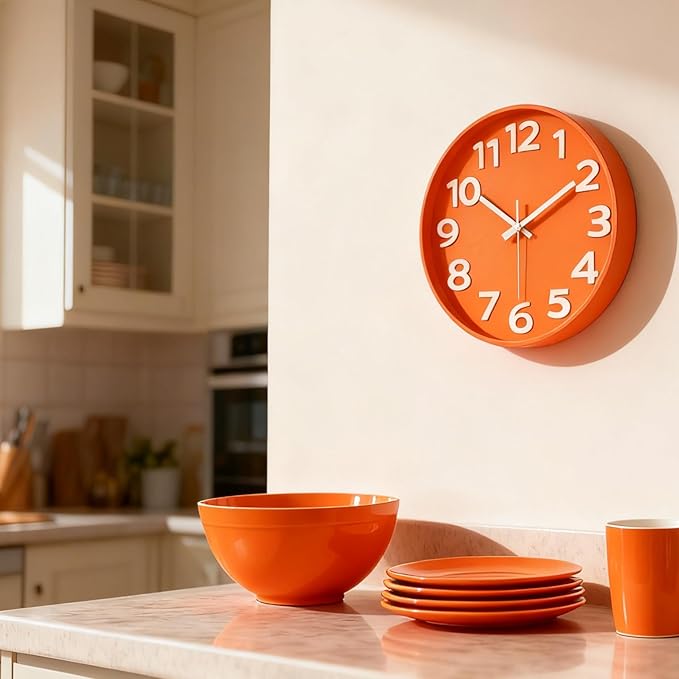 45MinST 8-Inch Orange Modern Wall Clock – Silent Non-Ticking, 3D Large Numbers, Accurate Timekeeping | Decorative Wall & Desk Clock with Stand for Living Room, Bedroom, Kitchen, or Office