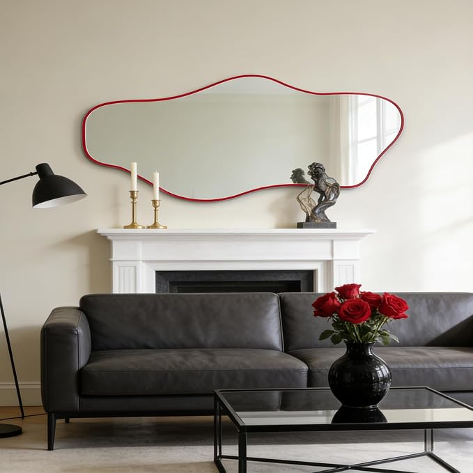 Large Irregular Wall Mirror, 60"x24" Red Asymmetrical Tempered Glass Mirror, Frameless Organic Shaped Mirrors for Entryway Hallway Bedroom Living Room, Horizontal or Vertical Hanging
