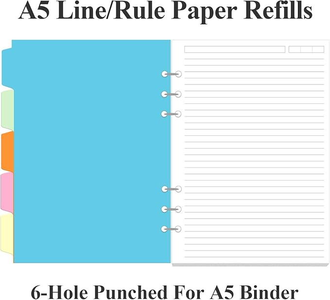 A5 Refill Paper - 6 Hole Planner Inserts for A5 Binder, 200 Pages 6 Ring Loose Leaf Lined Paper with 5 Colorful Binder Dividers, 5.8" x 8.5"