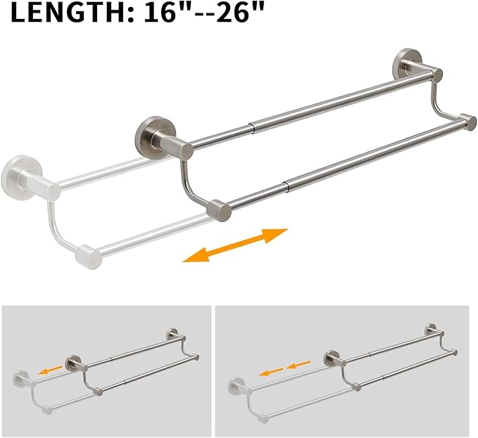 BESy Adjustable 16-26 Inches Double Bath Towel Bar for Bathroom SUS304 Stainless Steel Towel Holder, Hotel Style Wall Mount with Screws Hand Towel Bar Towel Rack Rod Hanger, Brushed Nickel Finish