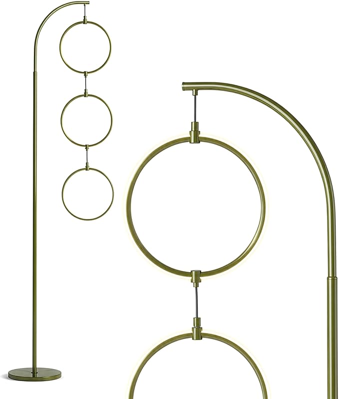Brightech Nova Modern Floor Lamp - Contemporary Arc Tall Lamp with 3-Circle Ring-Style Pendant - Over the Couch Standing Lamp on Arching Pole - Eclectic Tall Lamp Matches Living Room Décor - Green