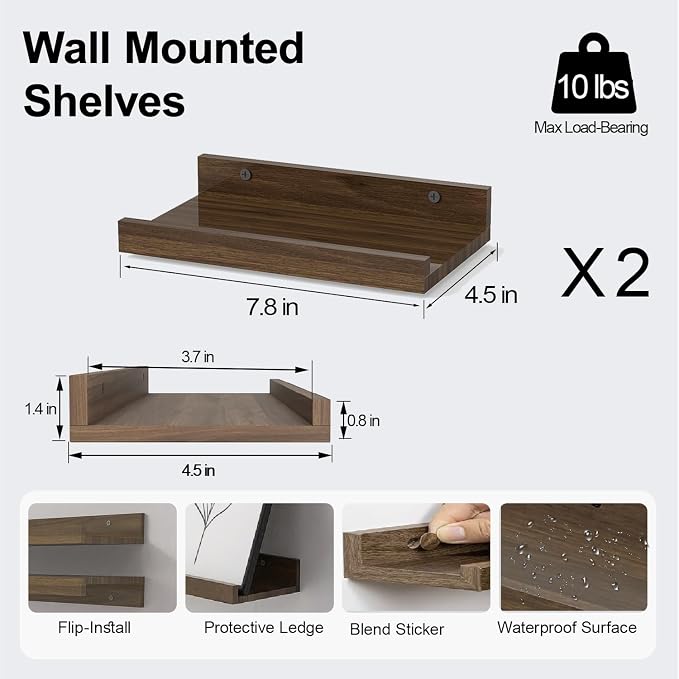 Small Floating Shelves for Wall Decor, Wall Mounted Wood Shelf for Bedroom, Living Room, Bathroom, Kitchen, Nursery, Display Ledge Shelf with Lip Set of 2-8 Inches, Walnut