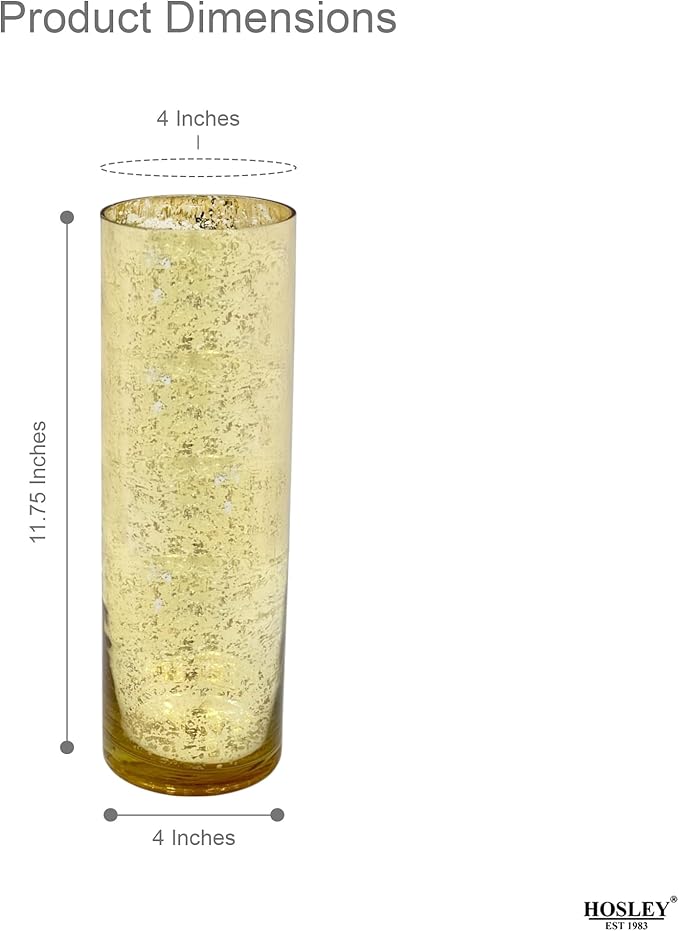 Hosley 12 Inch High Mercury Gold Glass Vase Decorative Glass Hurricane Vase. Ideal for Floral Arrangements Cut Flowers Weddings Aromatherapy DIY Craft Projects Led Lantern Votive Garden Spa