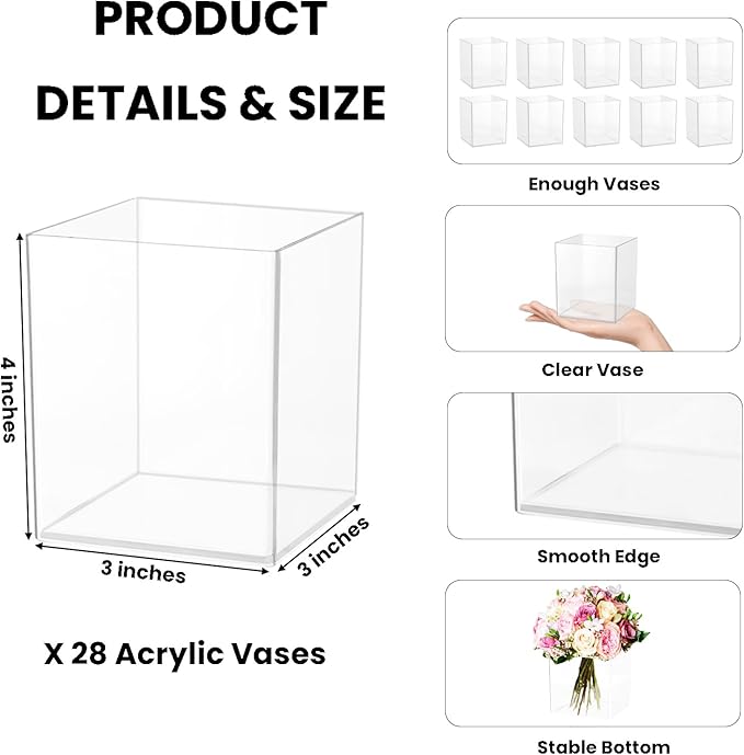 28 Pack Plastic Vases for Centerpiece, Bulk Small Acrylic Vase Clear Plastic Vases for Flowers, Wedding, Home, Office Floral Decor (3x3x4 Inch)
