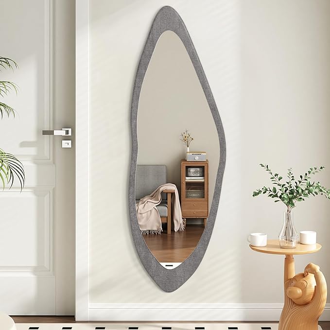 AAZZKANG Wood Mirror Full Length Irregular Large 47"x16" Asymmetrical Full Body Mirrors for Bedroom Living Room Entryway Dressing Room Gray