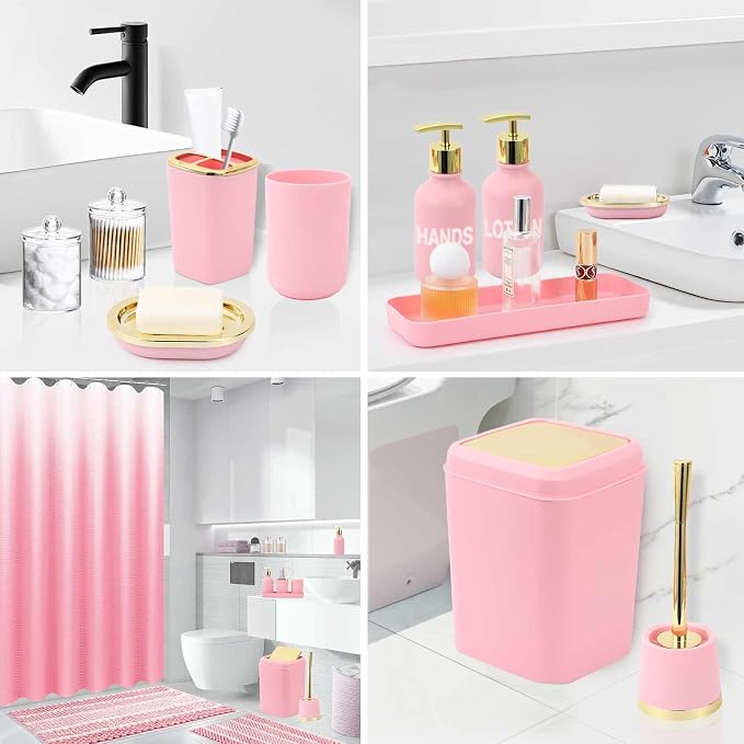 XLHOMO 25PCS Pink Bathroom Accessories Sets Complete, with Shower Curtain, Rugs, Trash Can and Toilet Brush, Toothbrush Holder and Cup, Soap Dispenser, Soap Dish, Qtip Holder, Bathroom Decor Sets