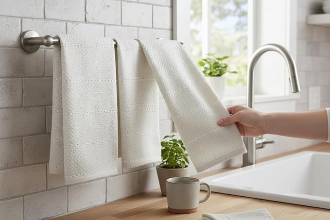 Off White Ivory Cream Kitchen Hand Dish Towels: Oversized 28" x 18",100% Cotton Cloth Soft Cleaning Drying Absorbent Textured Design, Set of 3 Multipurpose for Everyday Use (Creme Textured)