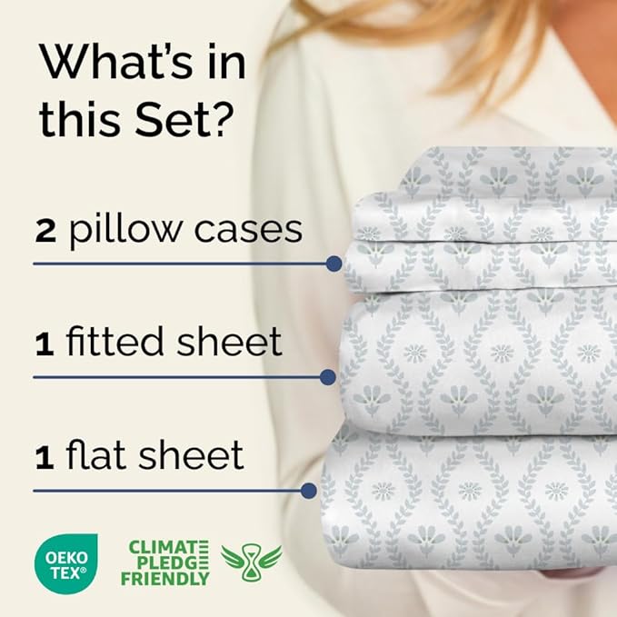 Floral Sheets - Damask Floral Bed Sheet Set - 1 Flat & 1 Fitted & 2 Pillowcases w/ Deep Pockets - Comfy, Wrinkle & Fade Free Boho Botanical Bedding - Ultra-Soft, Breathable and Cooling - Full Size