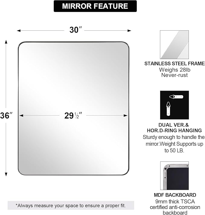 ANDY STAR Chrome Mirror for Bathroom, 30x36 Metal Frame Wall Mirror with Rounded Corner, Modern Rectangle Bathroom Vanity Mirror with Polish Finish