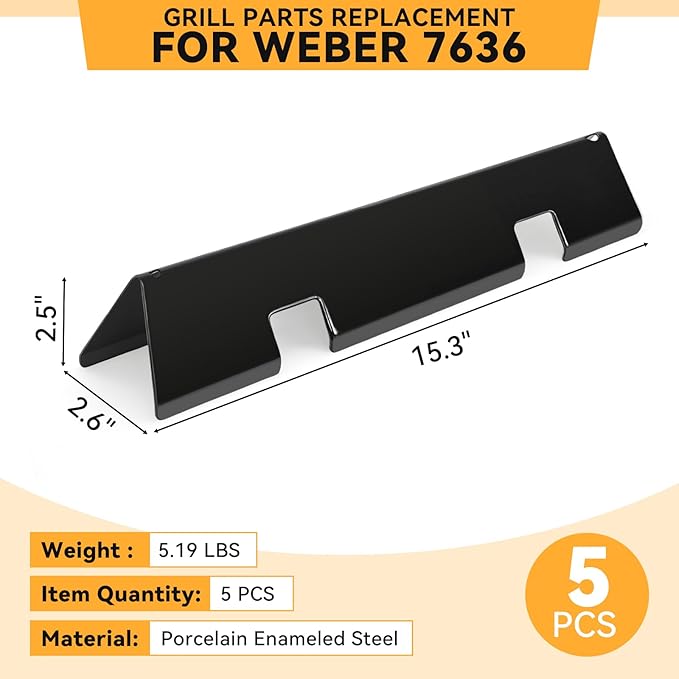 15.3 inch Flavorizer Bars for Weber Spirit I & II E310 E320 E330 S310 S320 S330 Gas Grills with Front Control Knobs, Replacement for Weber Spirit Grill Parts 7636, Porcelain Enameled Steel, 5 PCS