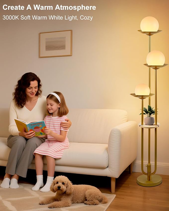 63IN Globe Floor Lamp with Shelf 3-Lights Modern Dimmable Floor Lamps with 3000K Soft Warm White Bulbs for Wedding/Party, Gold Tall Standing Lamp with 5Lbs Heavy Base for Living Room/Bedroom