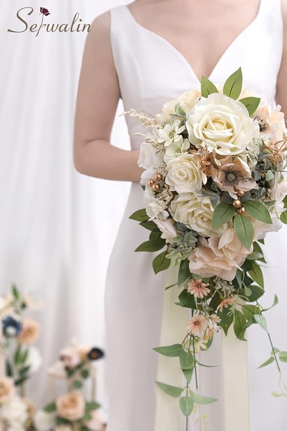 Serwalin 9.8 Inch Wedding Bouquets for Bride Bridesmaid, Champagne Rose Bridal Bouquets for Bride, Wedding Flowers Bouquet Tossing Bouquet, Wedding Ceremony and Anniversary Day Decoration